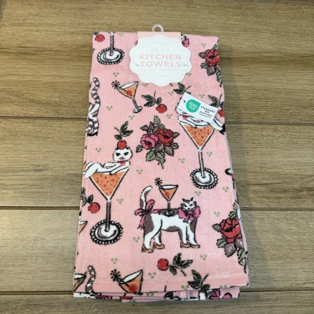 NWT Envogue 3 Pack Kitchen Towels Pink Cats Martini Glasses Floral Whimsical